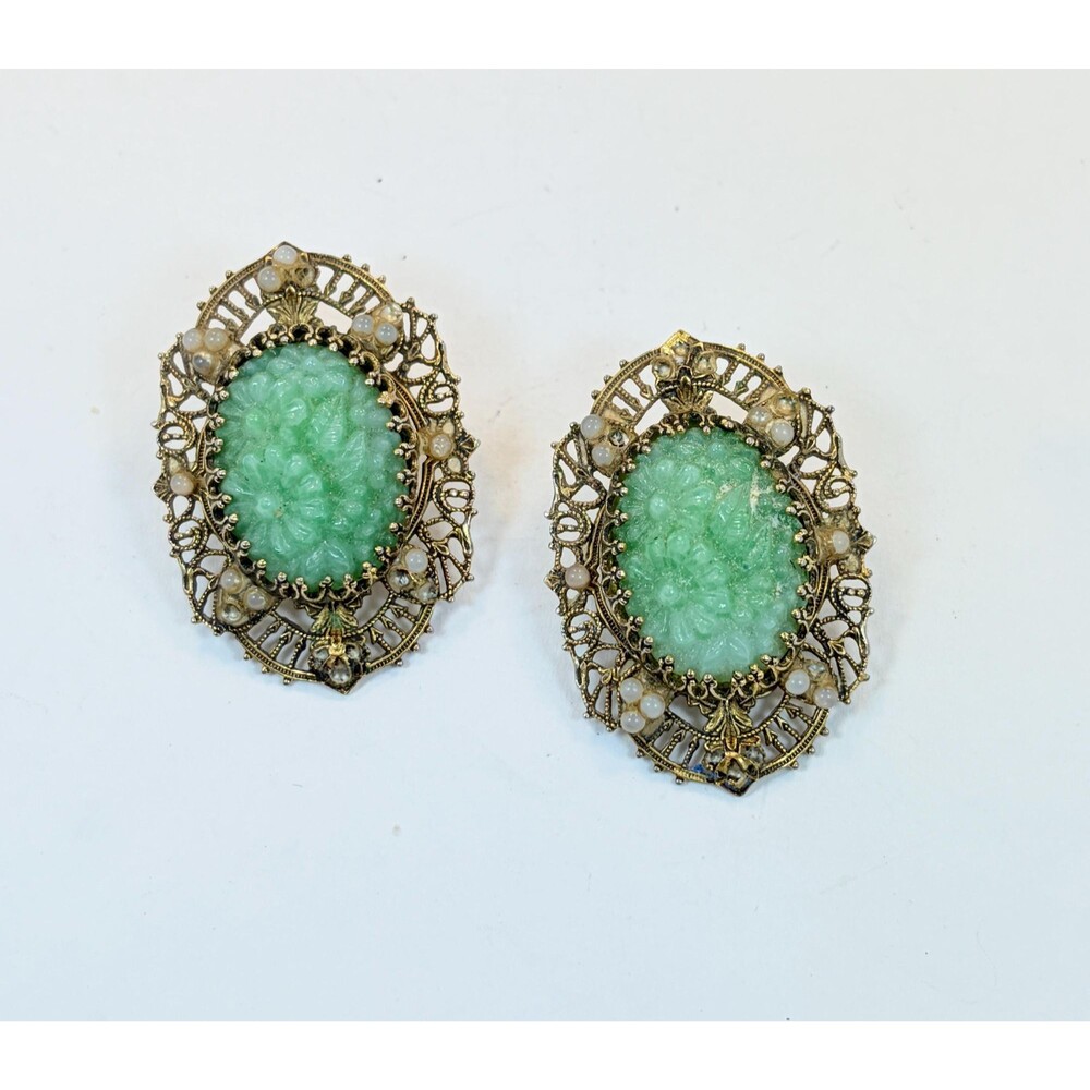 Vintage Earrings, Faux Jade, Pressed Glass, Green, Gold, Filagree, Clip Ons